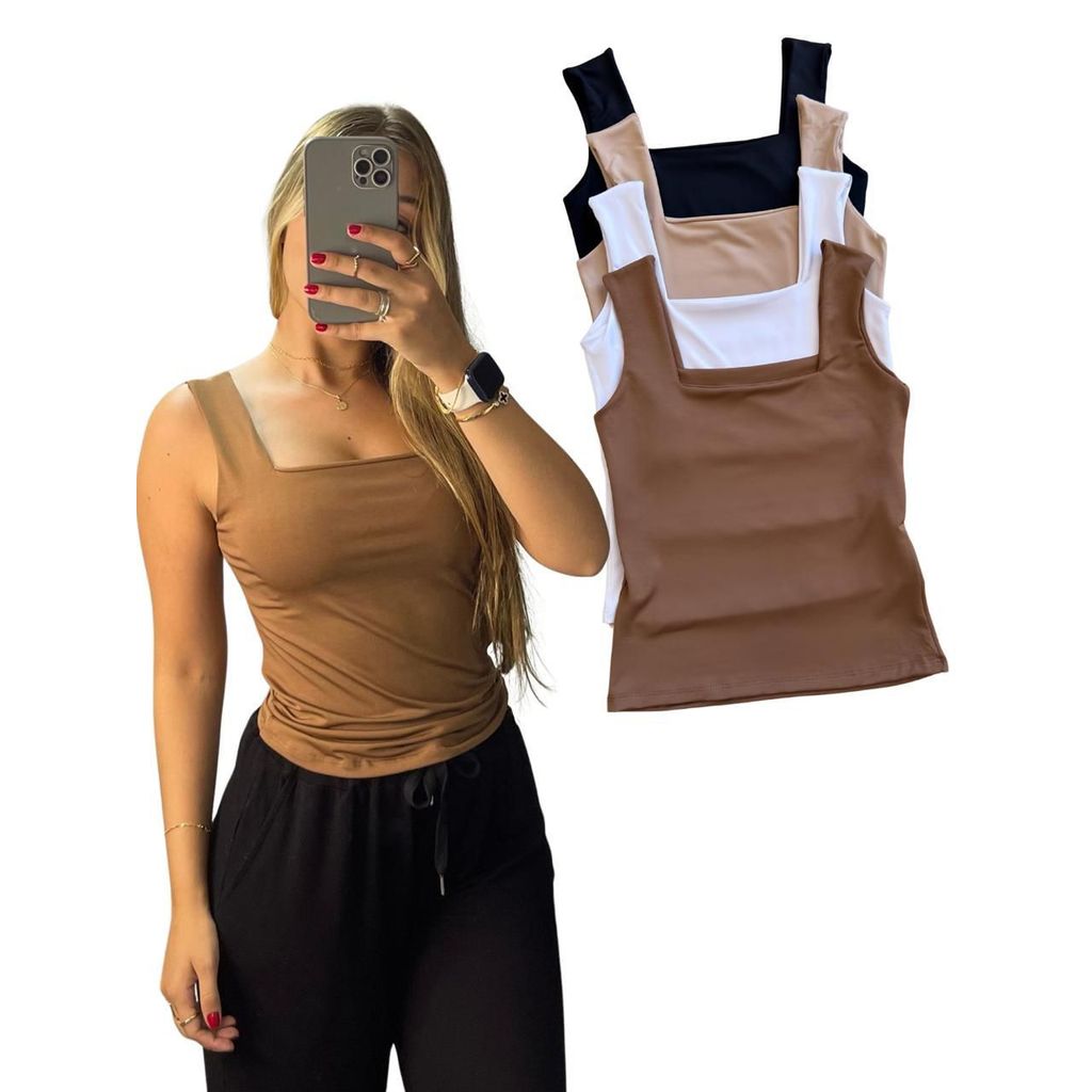 Kit 4 Blusa Feminina Regata Decote Quadrado Reto Suplex Verão Básica Lisa Moda Elegante Tendencia Blogueira