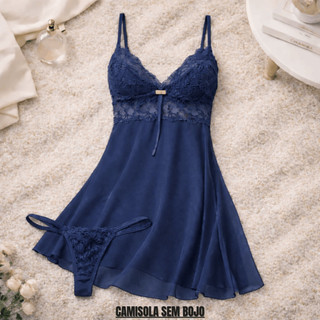 Camisola Transparente Sensual Tule e Renda com Calcinha com Detalhes em Renda Camisolas F…