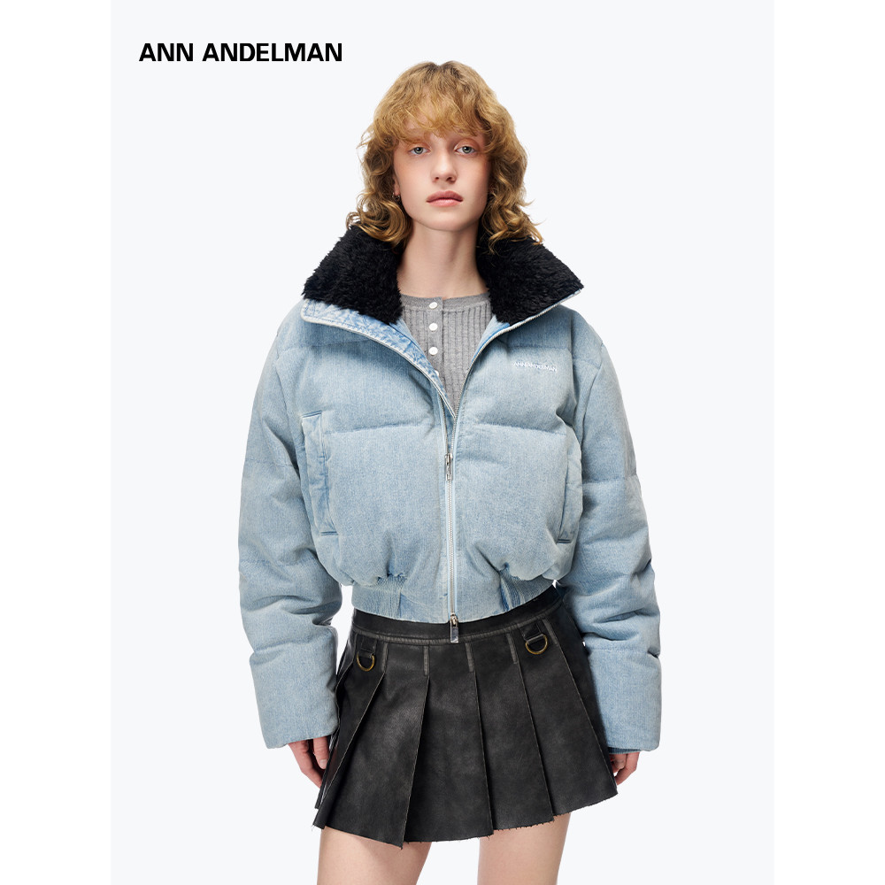 [Li Keyi Mesmo Estilo] ANN ANDLMAN Jaqueta Jeans Azul Jaqueta Curta Gola De Pele Jaqueta De Pão Grosso