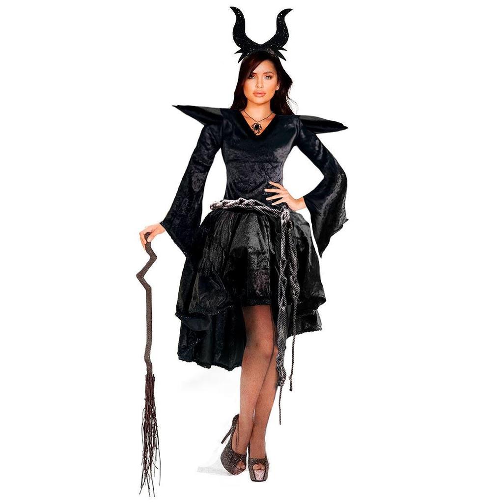 Fantasia Malévola Adulta Luxo de Halloween Com Tiara
