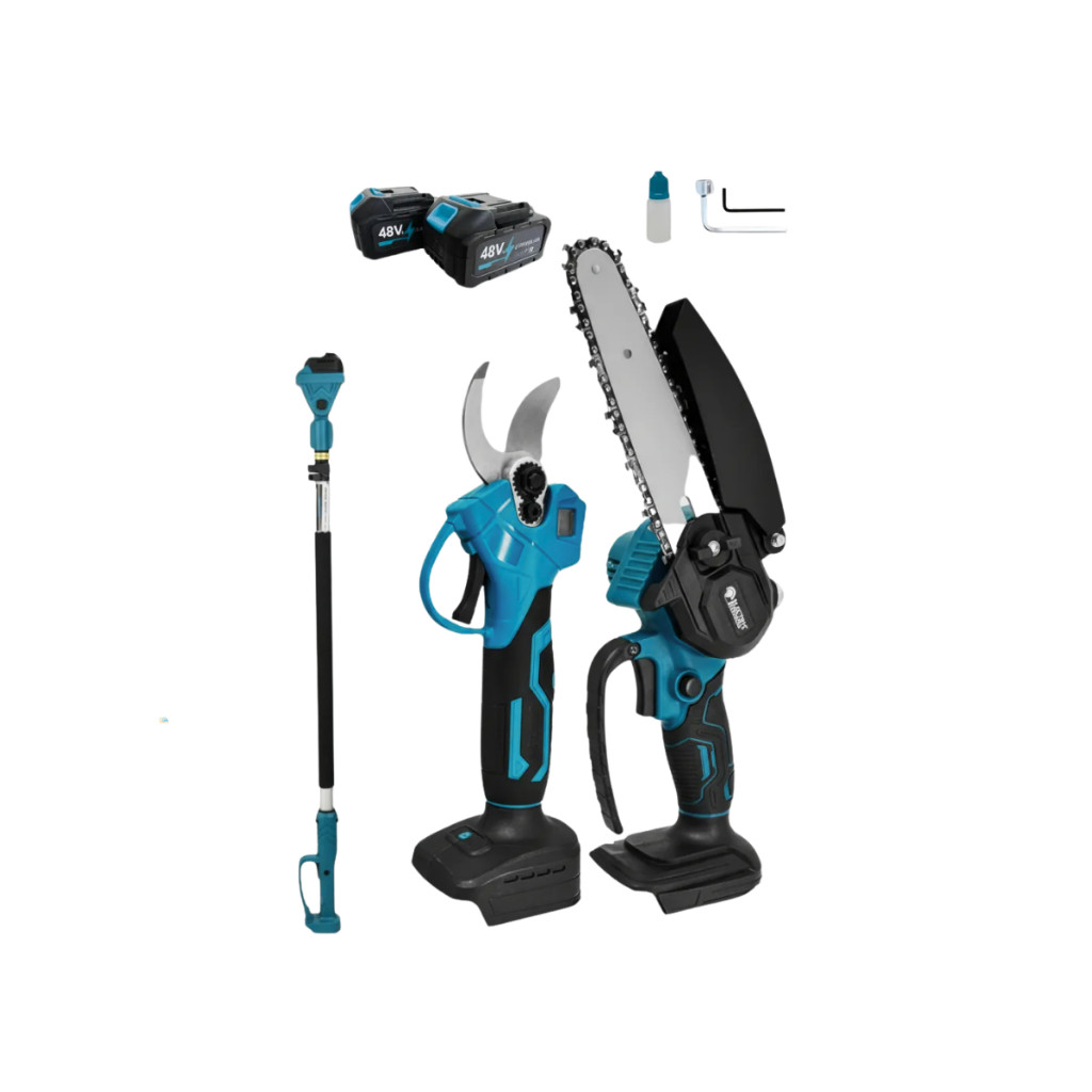 Kit Ferramentas de Jardim Mini Motosserra Elétrica + Tesoura de Poda + Extensor + Acessórios