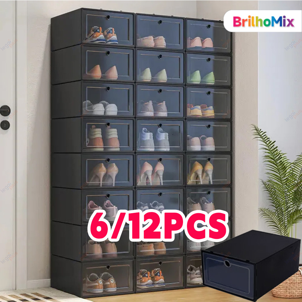 Caixas Organizadoras p/ Sapatos, Empilháveis c/ Tampa Flip – 6 ou 12 Unid em Oferta na Shopee