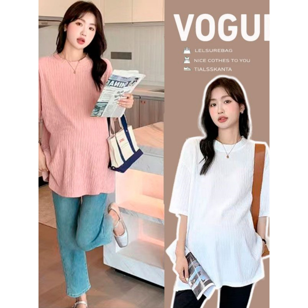 Roupa de maternidade fina legal verão wear verão rosa topo manga curta Casual solto em torno do pescoço camisa de fundo 