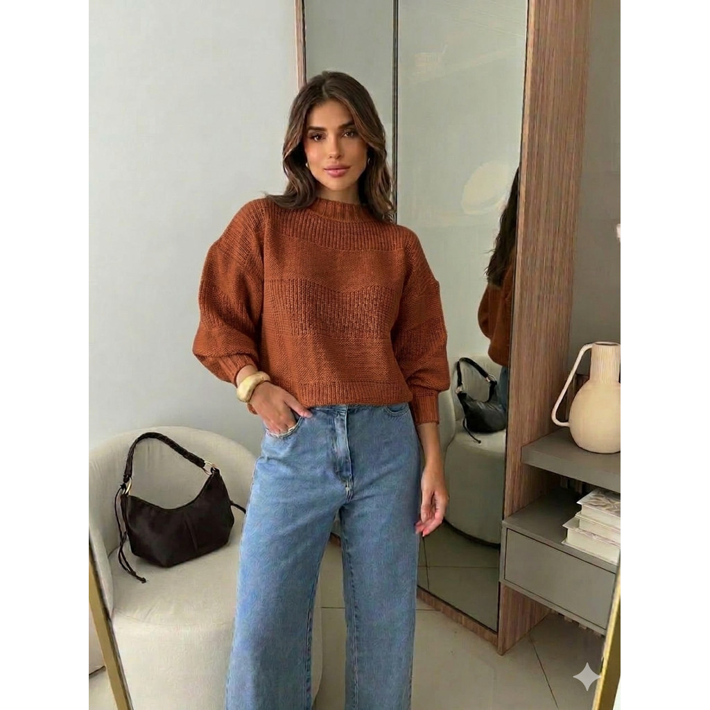 Blusa Over Manga Bufante Básica Tricot Inverno