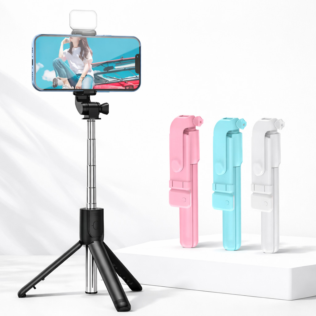 Tripé Selfie Bluetooth Portátil com Luz Branca 2 Níveis Suporte para Celular e Controle Remoto