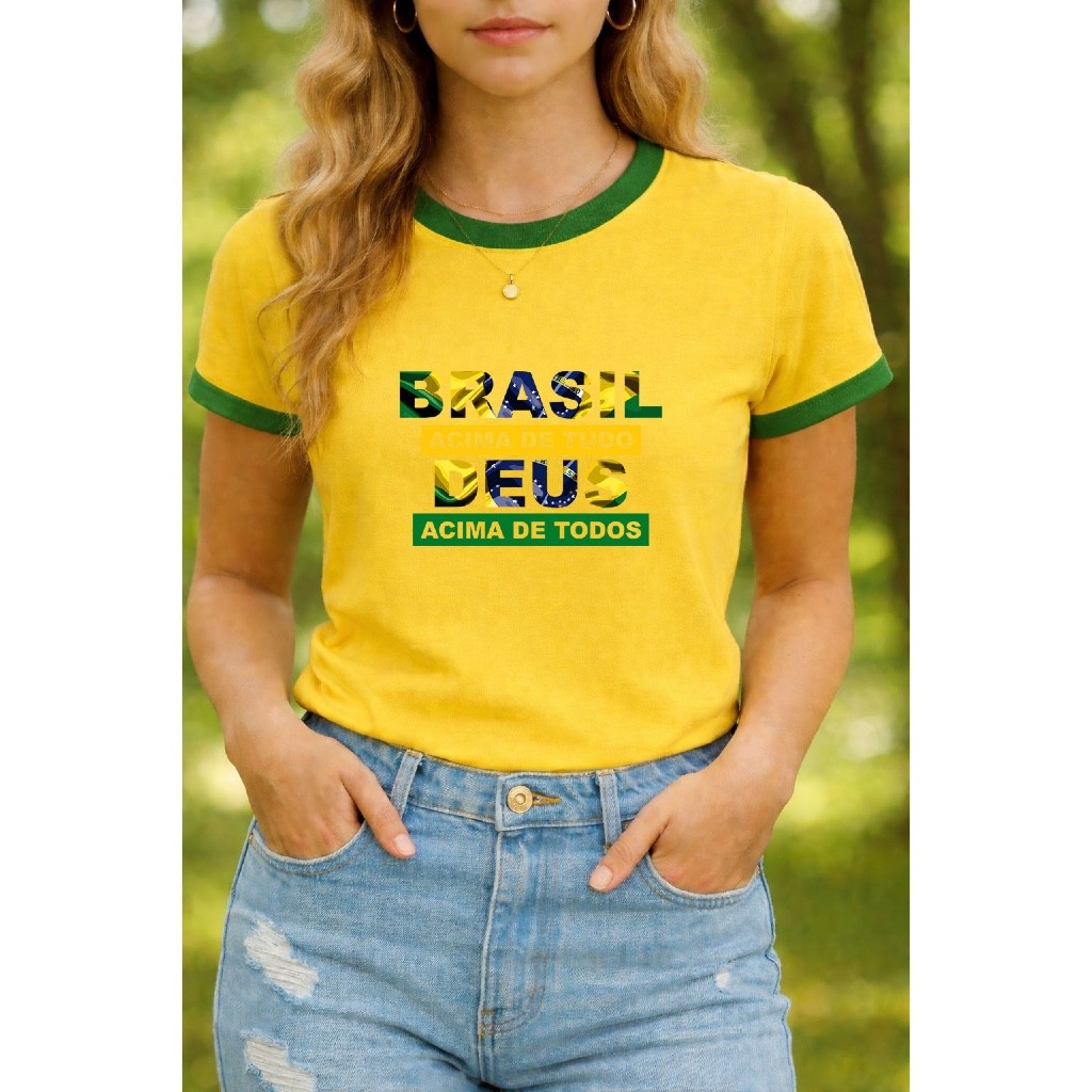 Camiseta Babylook Tshirt Feminina Brasil Acima de Tudo Deus Acima de Todos Patriota Bolsonaro Direita Copa 100% Algodão