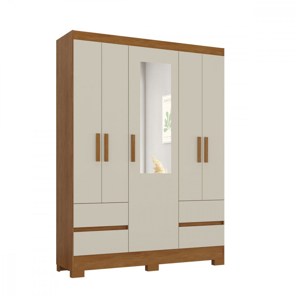 Guarda Roupa Solteiro com Espelho 5 Portas 4 Gavetas Vitoria Nogueira Madeira Natura Off White Atualle em Oferta na Shopee