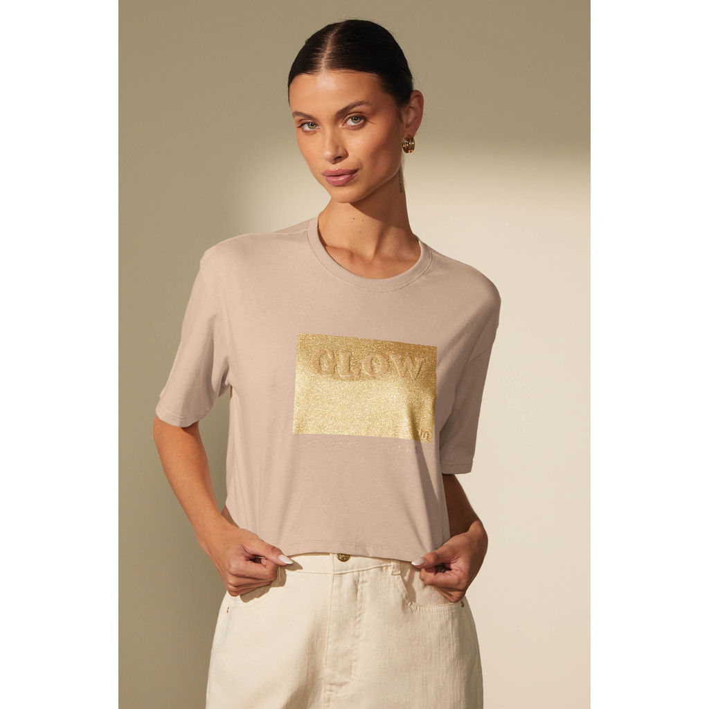 T-Shirt Cropped Feminina Glow Marialícia Bege