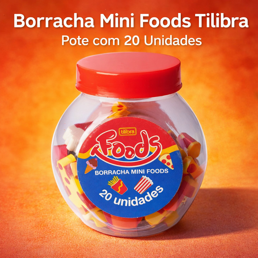 Borracha Mini Foods Tilibra Pote com 20 Unidades Escolar Macia Não Mancha Papel Apagar Lápis Infantil Colorida