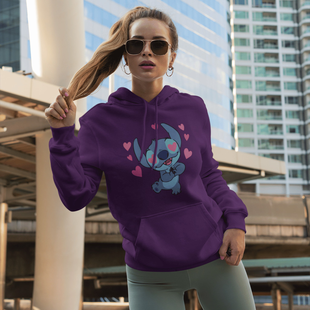 Moletom Casaco Feminino Canguru Adulto Lilo Stitch Coração Blusa de Frio Flanelado Macio