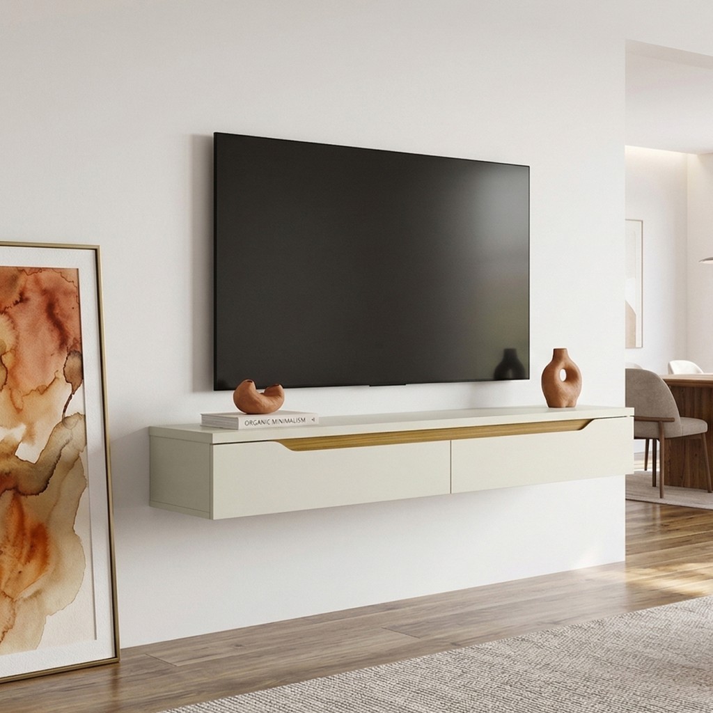 Rack Nicho Painel Suspenso Uno Pequeno para Sala de Estar Quarto Tv 55 polegadas 160cm Off White/Cedro - Olivar Móveis