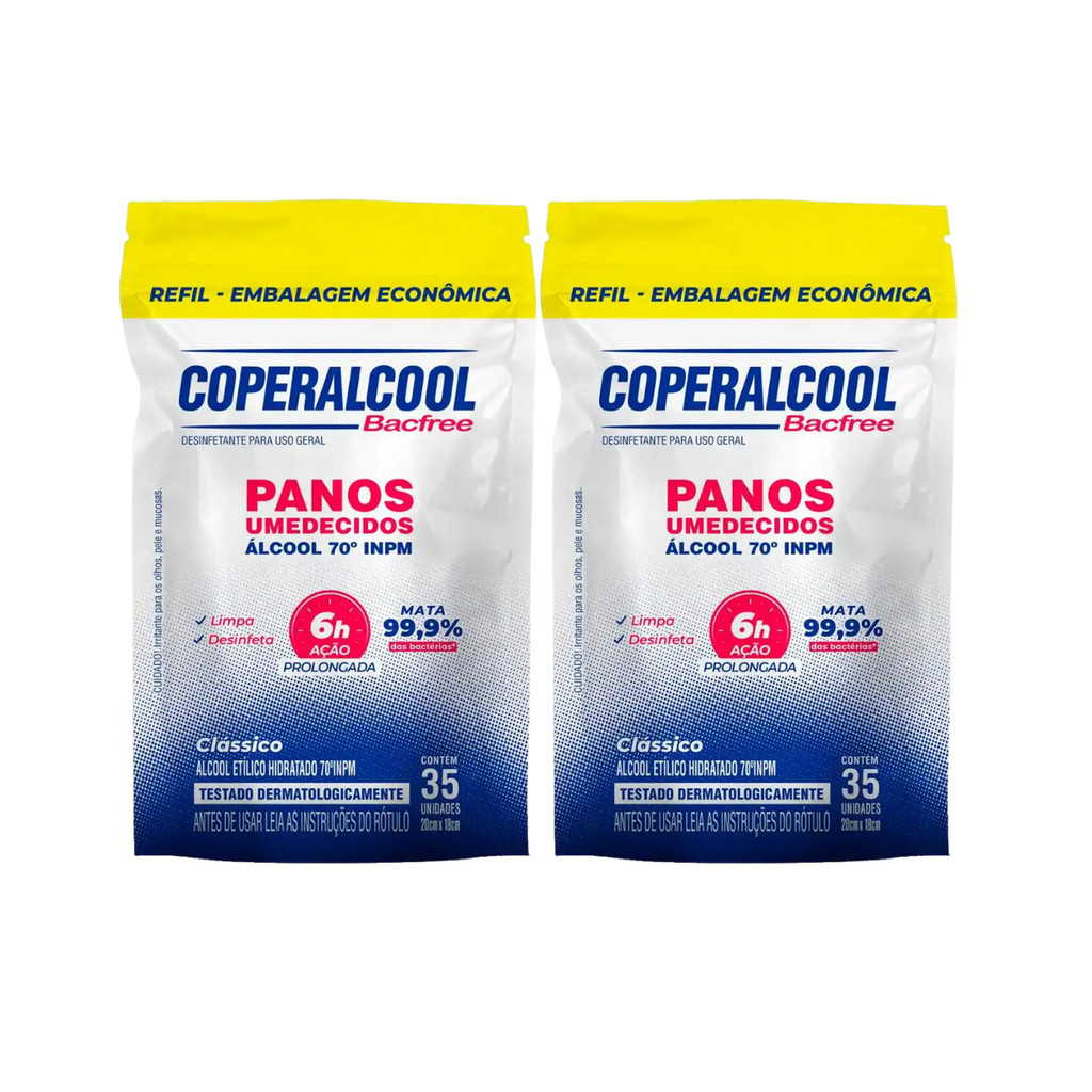 02 Pacotes de Lenço Umedecido Clássico com Álcool Refil 35 Lenços Coperalcool