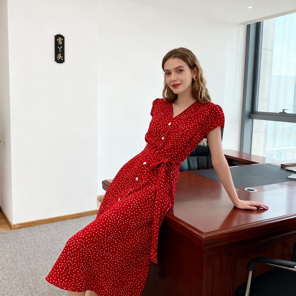 Vestido Vermelho De Bolinhas Com Decote Em V De Manga Curta – Midi Evasê Emagrecedor Gravata E Cintura Única 202604