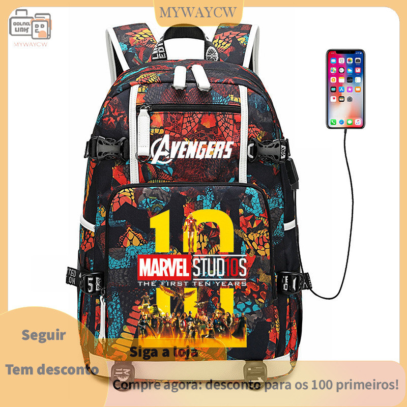 Mochila Marvel Avengers com Carregamento USB + Slot para Computador de 14 Polegadas Impressão Multi-Herói Mercadoria de