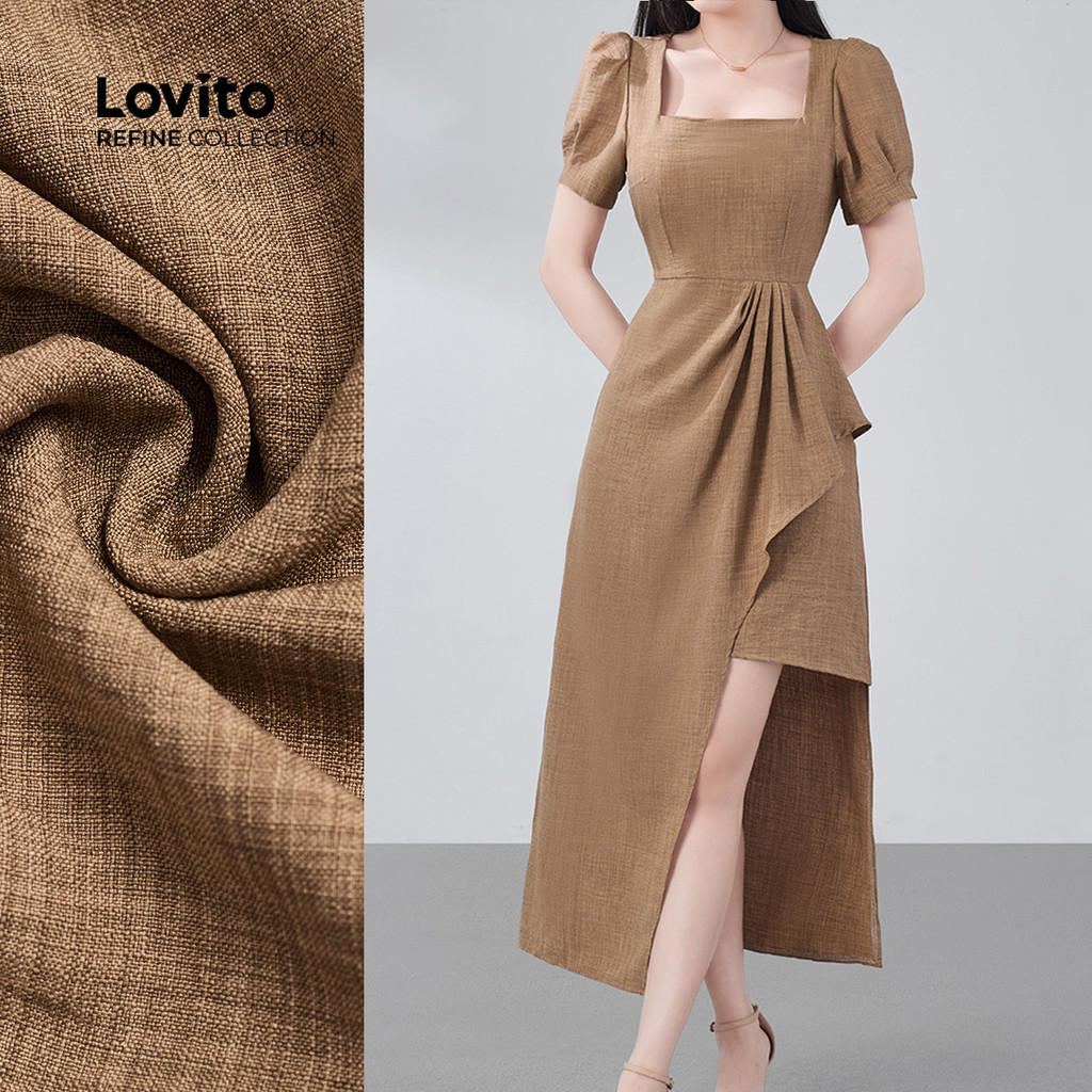 (Lovito Refine)  Vestido Elegante Assimétrico com Babado e Zíper para Primavera/verão Cor Caqui para Mulheres LR29E053 em Oferta na Shopee