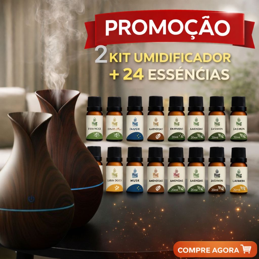 2 Umidificador De Ar + 24 Essências Sortidas Hidrossolúvel | Difusor Modelo Vaso 200ml | Essências 20ml