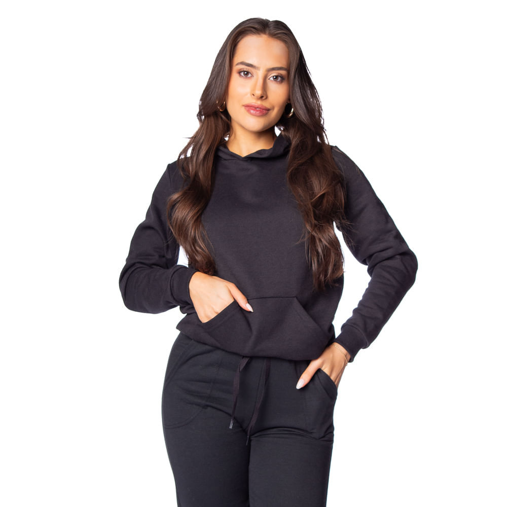Blusão de Moletom Feminino Desayner com Capuz Preto em Oferta na Shopee