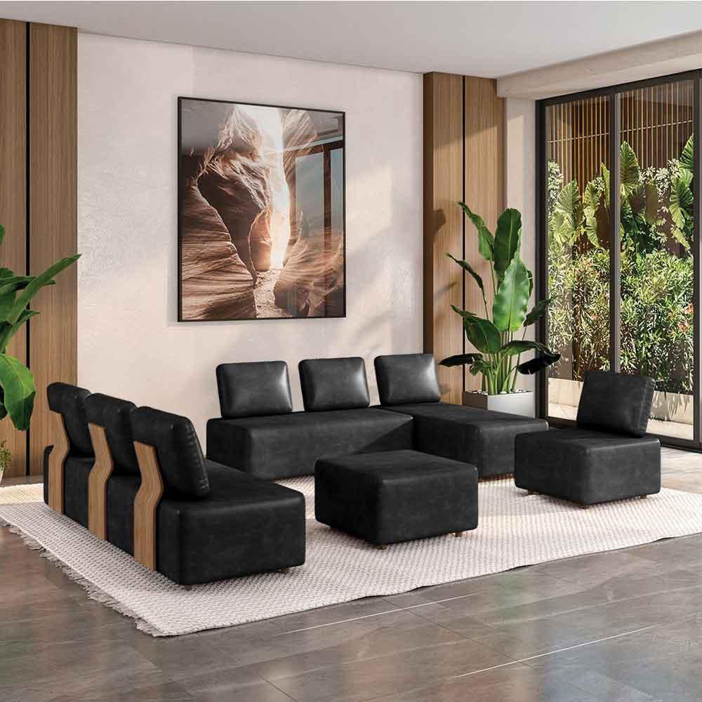 Imagem Sofá Liphis Sala de Estar Modulado Moderno Pés de Madeira PU Preto G45 - Gran Belo