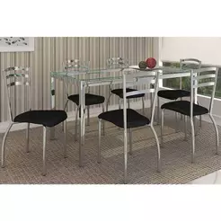 Conjunto: Mesa de Cozinha Reno c/ Tampo Vidro 150cm + 6 Cadeiras Portugal Cromado/Courano Preto - Kappesberg