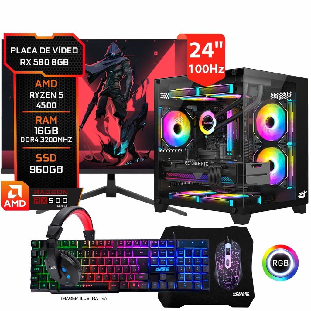Pc Gamer Completo RX 580 8gb, Ryzen 5 4500, 16GB DDR4, SSD 960GB, Monitor 24" 10