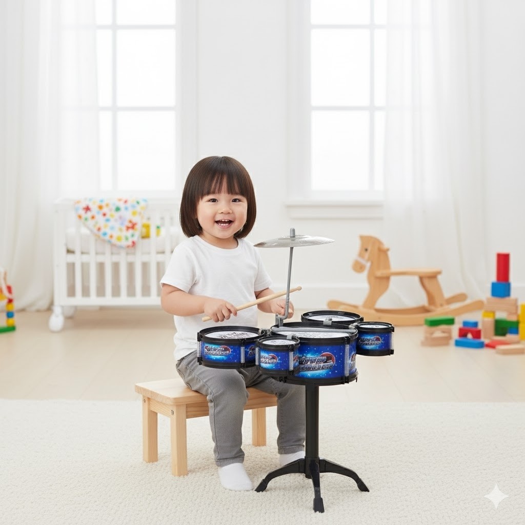 Mini Bateria Infantil Brinquedo Musical 5 Tambores Kit Completo Baquetas Sortida Kids Aprender