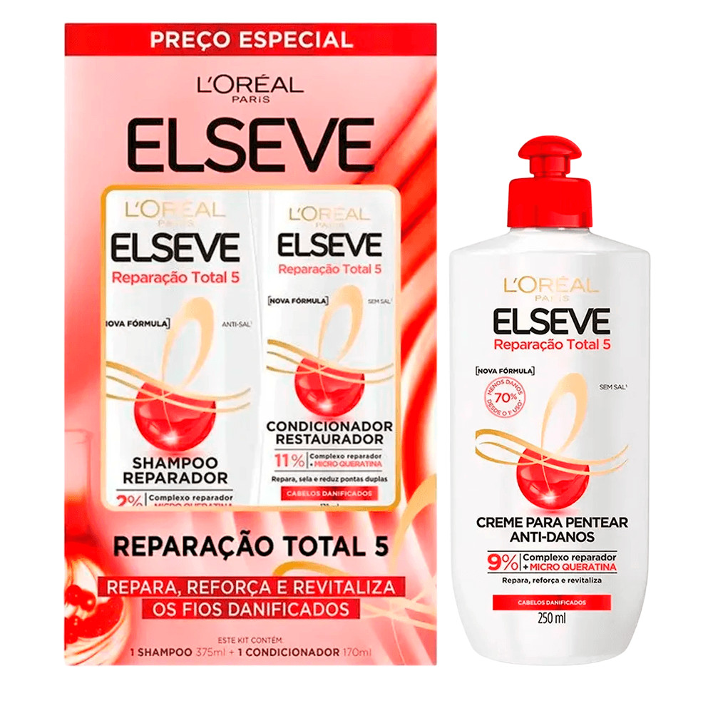 Kit Elseve Shampoo 375ml + Condicionador 170ml + Creme De Pentear Reparação Total 5 250ml