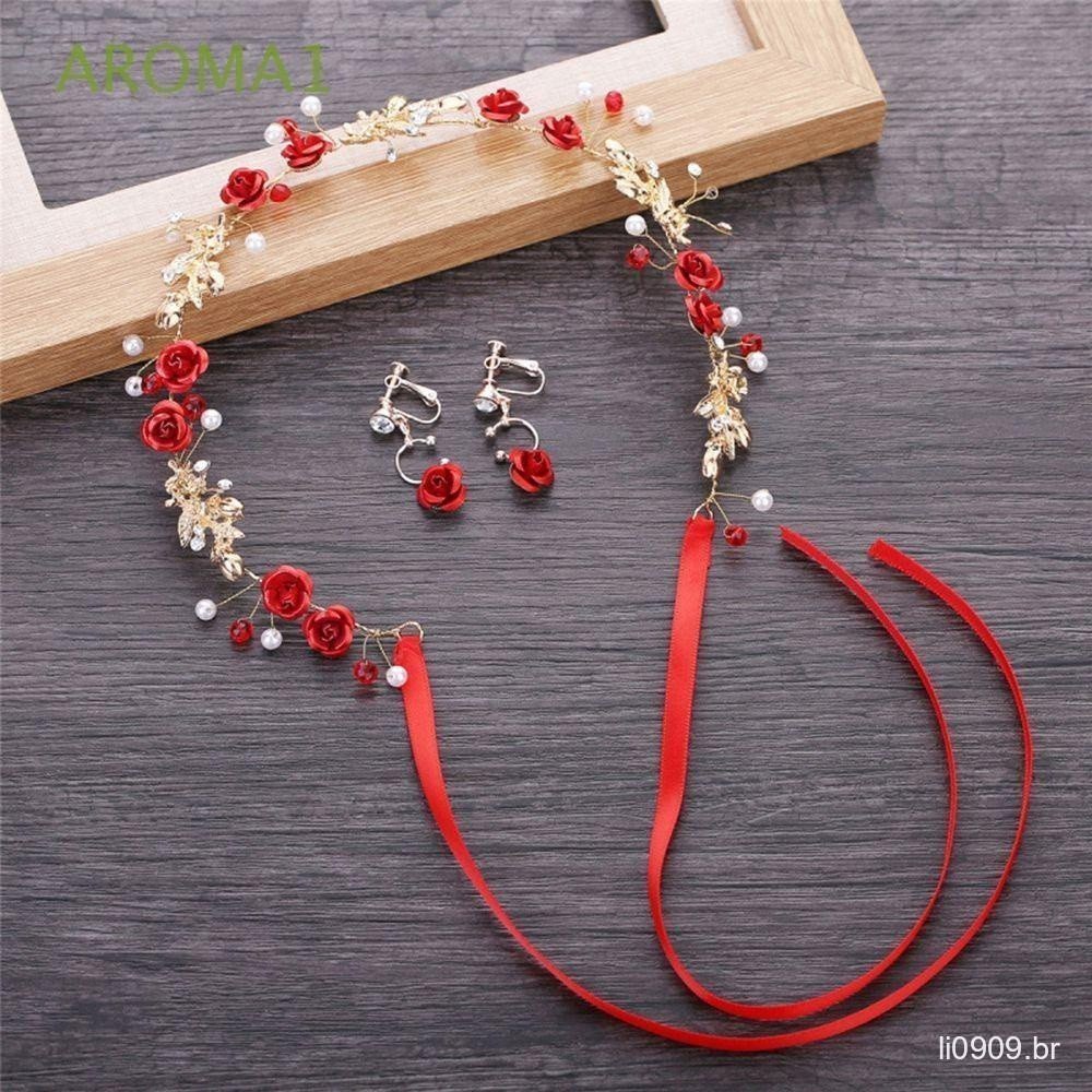 AROMA1 Noiva Hairband Brinco Conjunto Dama De Honra Bandana Artesanal Elegante Cocar Rosa Flor Tiaras Pérola