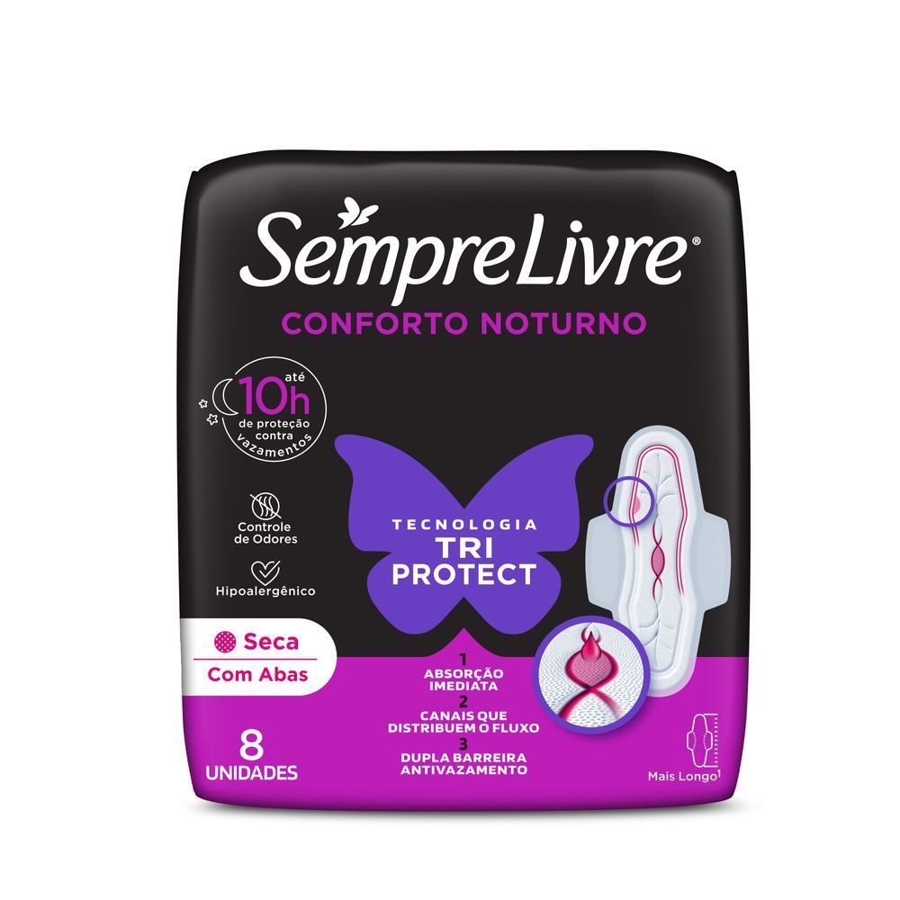 Absorvente Sempre Livre Noturno Seca Com Abas Com 8 Unidades em Oferta na Shopee