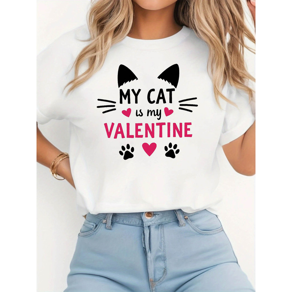 Camiseta com Estampa O Meu Gato é o Meu Namorado | T-shirt Casual de Manga Curta com Gola Redonda para Mulher, para o D