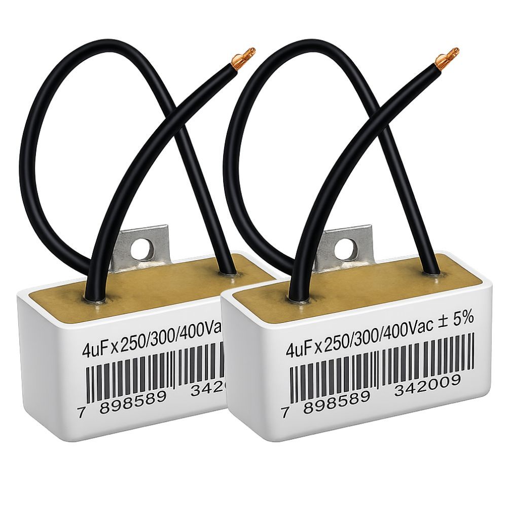 KIT 2 CAPACITOR PERMANENTE 4uF 250/300/400V 2 FIOS QUADRADO TRIO C/ CHAPA