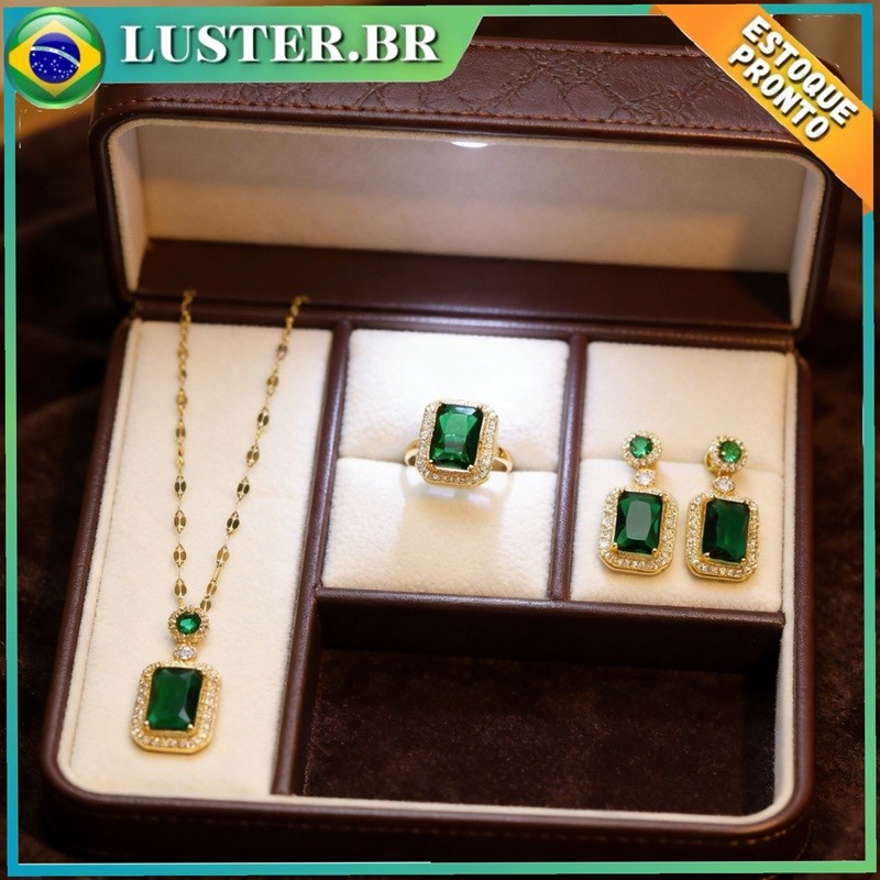 Conjunto de Joias Feminino Colar Brinco Anel Pedra Verde Estilo Luxo Presente