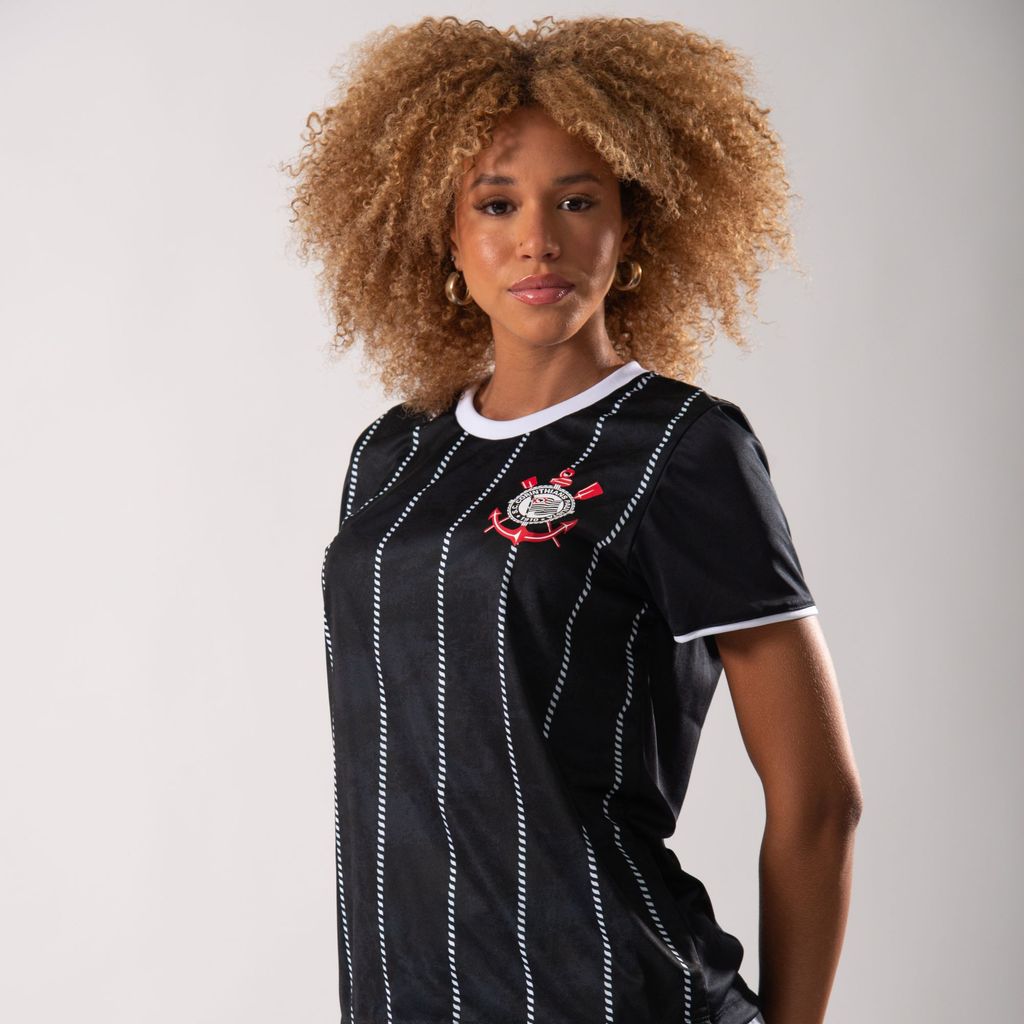 Camiseta Corinthians Feminina Licenciada Braziline Preta Listrada Camisa de Time Torcedora Casual Timão Original Premium