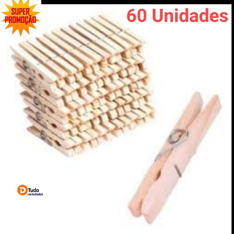 Kit 60  Prendedor De Roupas, Madeira , Embalagem c/ 60 Unidades em Oferta na Shopee