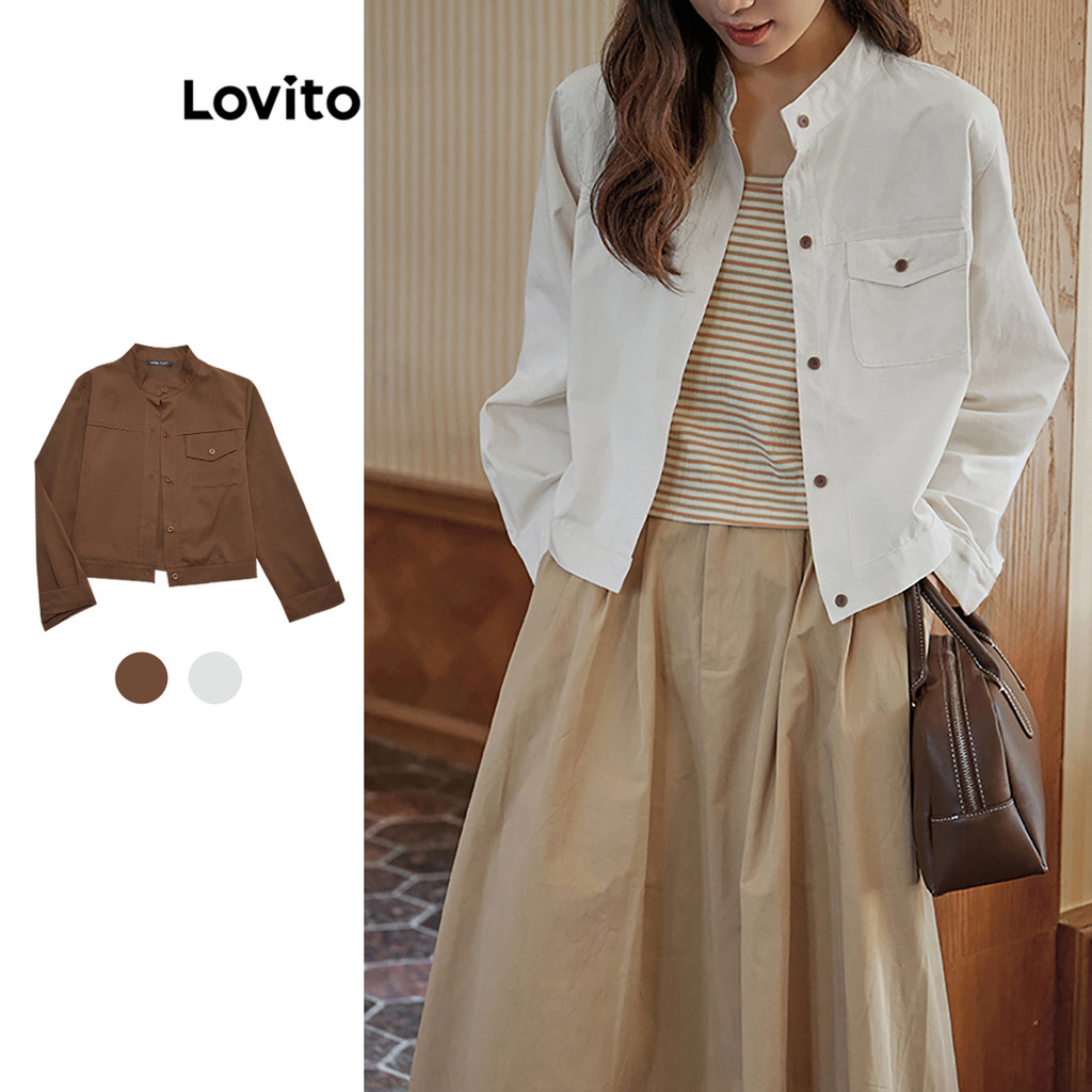 Lovito Casual Blusa Feminina Lisa Plissada com Bolso L73AD085 em Oferta na Shopee