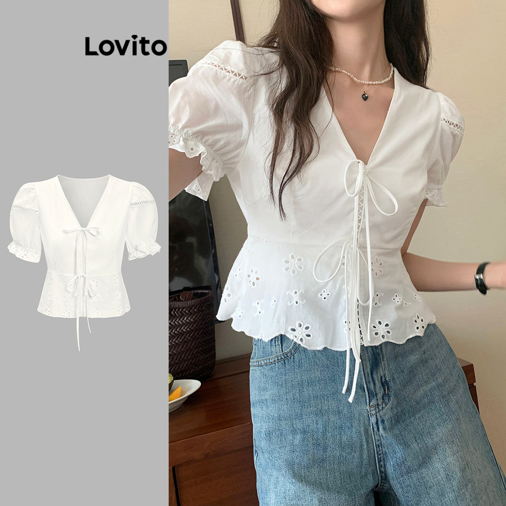 Lovito Blusa Boho Verão/Primavera Com Bordado De Ilhós E Renda Para Mulheres L86ED245 em Oferta na Shopee