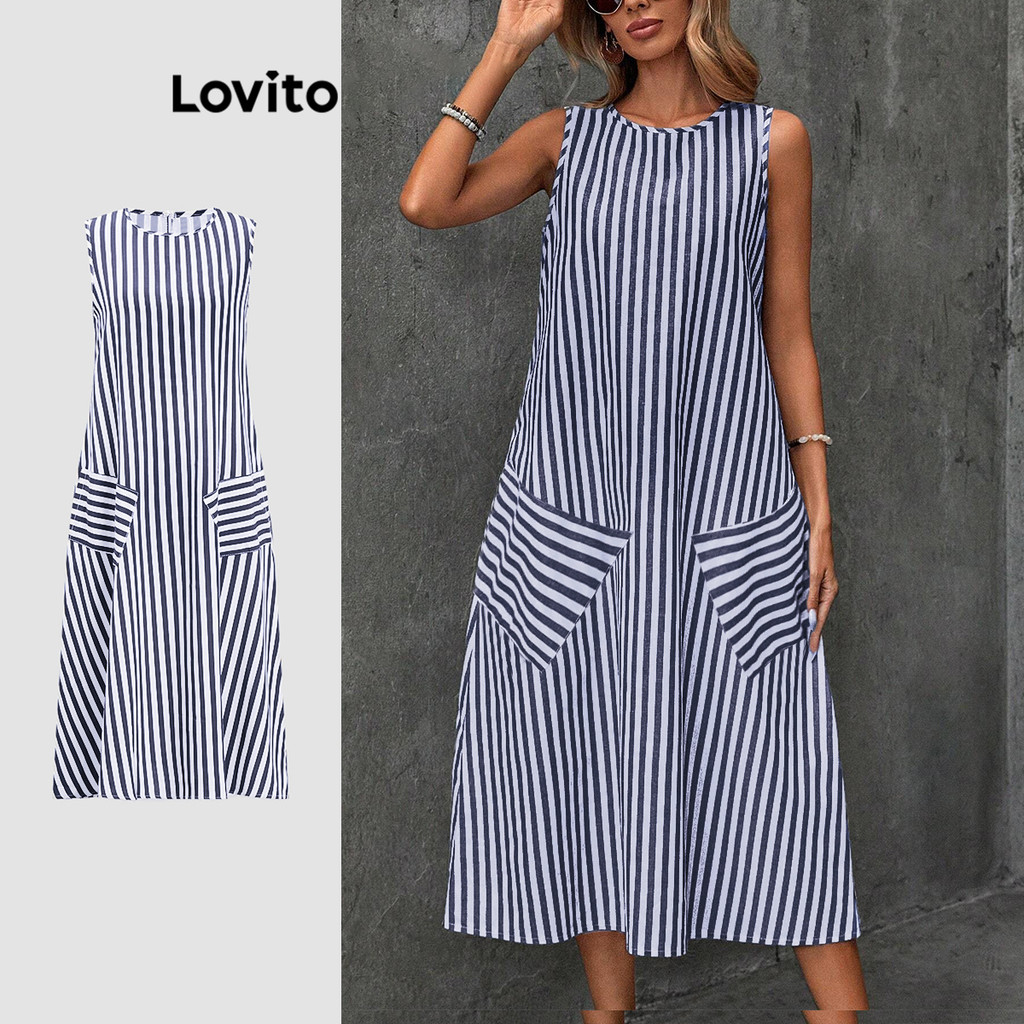 Lovito Vestido Casual Vestido Listrado Com Bolso Para Mulheres LBL18851
