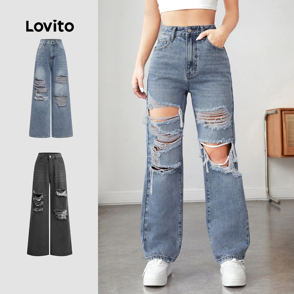 Lovito Calça Jeans Casual Lisa E Rasgada Para Mulheres L105MD065 em Oferta na Shopee