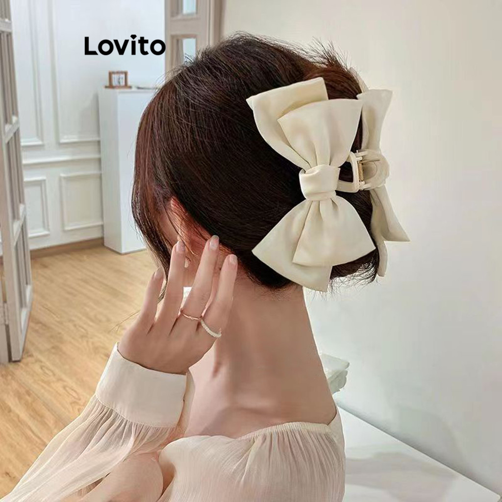 Lovito Grampos De Cabelo Casuais Com Laço Liso Para Mulheres LFA08154 (Branco/Rosa/Azul/Preto) em Oferta na Shopee
