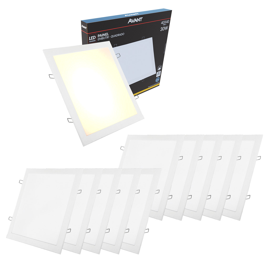 Kit 10 Painel Led Plafon Aluminio Slim Embutir 30w 3000k Branco Quente 40cm 110v/220v Quadrado Cod:858300578-10 Avant