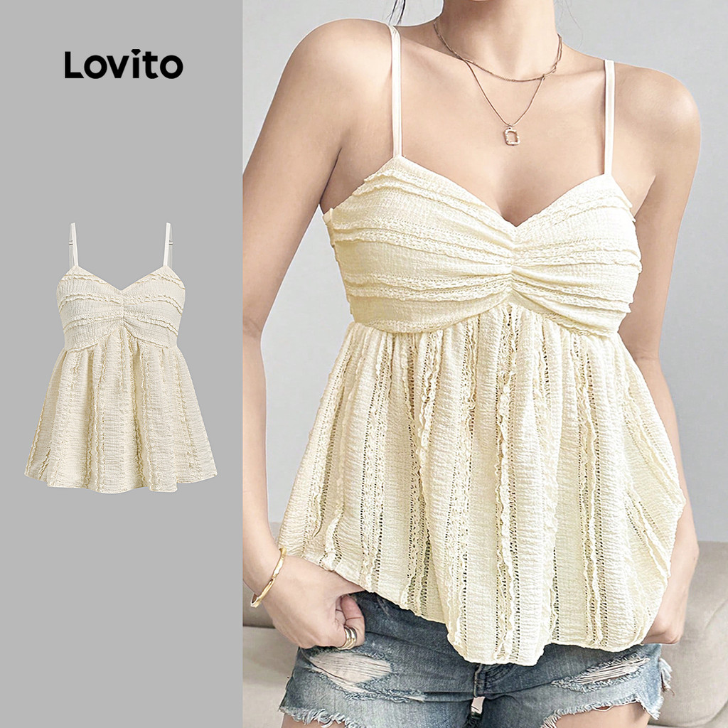 Lovito  Casual Top Ruffle Hem Plicated Adjustable Shoulder Strap Primavera/verão Top de Damasco para Mulheres. L171ED518