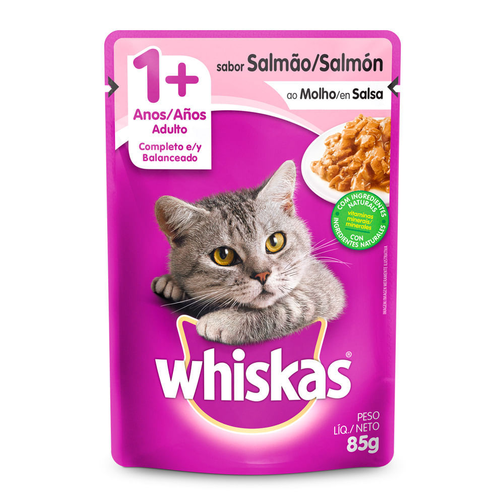 Ração Úmida para Gatos Whiskas Adulto 1+ Anos Sabor Salmão ao Molho em Sachê 85g