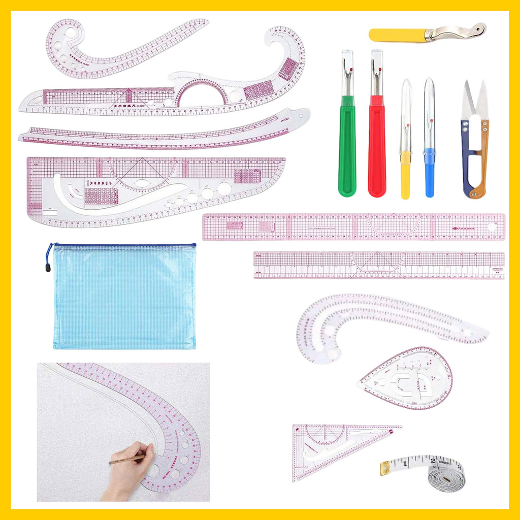 Kit 17 peças molde curvo francês transparente, régua para costura, desenho e modelagem