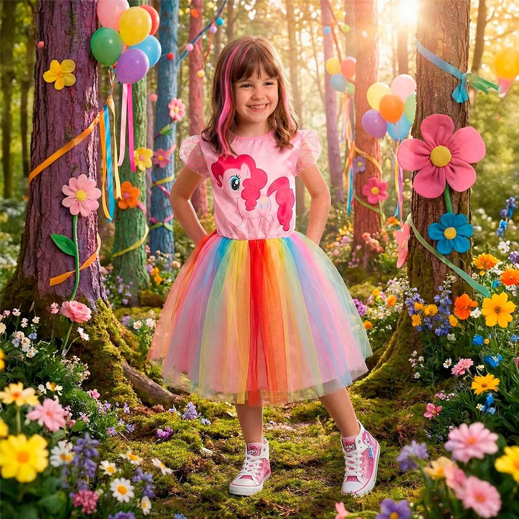 Fantasia Pinkie Pie My Little Pony Infantil pra Menina Vestido Rosa e Saia Arco-íris