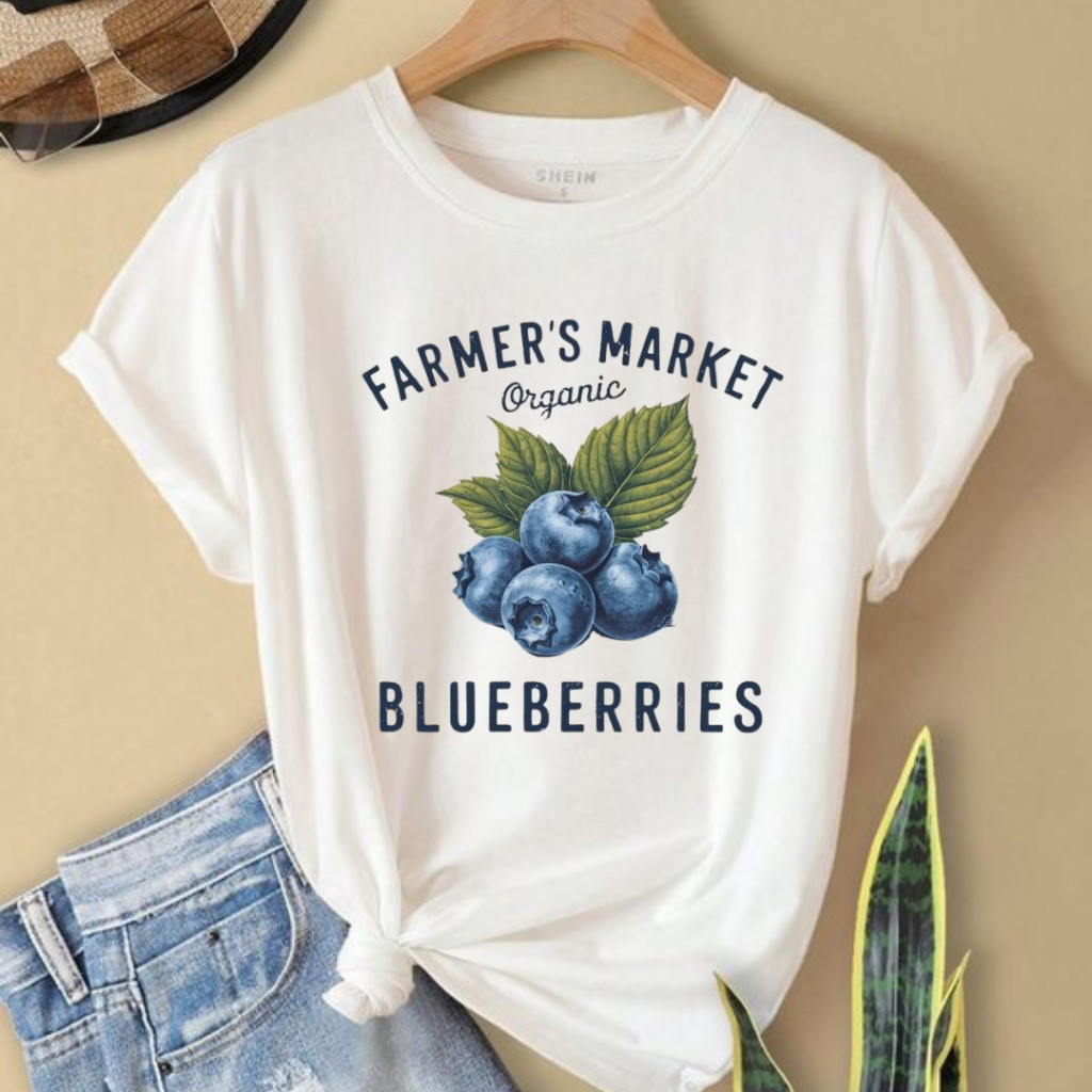 Blusinha Feminina Camiseta Blueberry Mirtilo Estampada T-Shirt Algodão Leve Manga Curta Moda Feminina