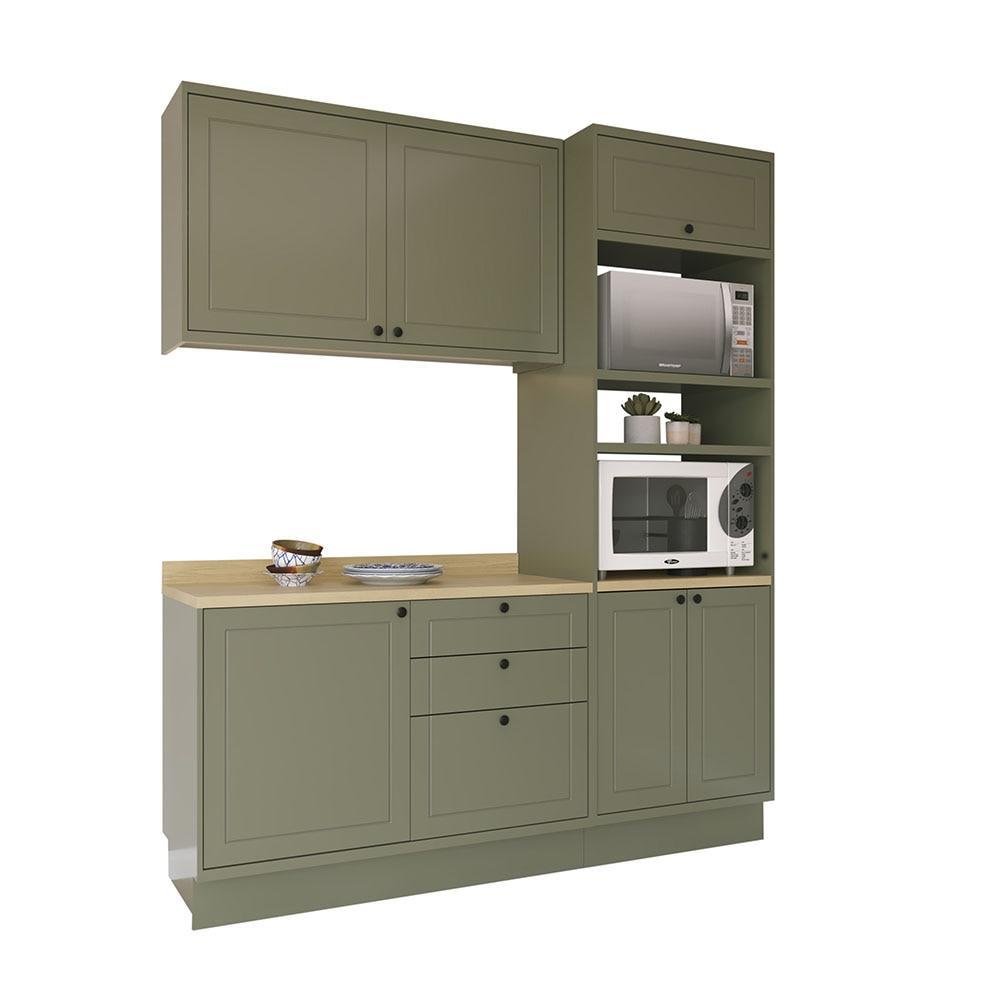 Cozinha Modulada Pequena Herval Viana, 4 Peças, Verde Hill e Carvalho Nature