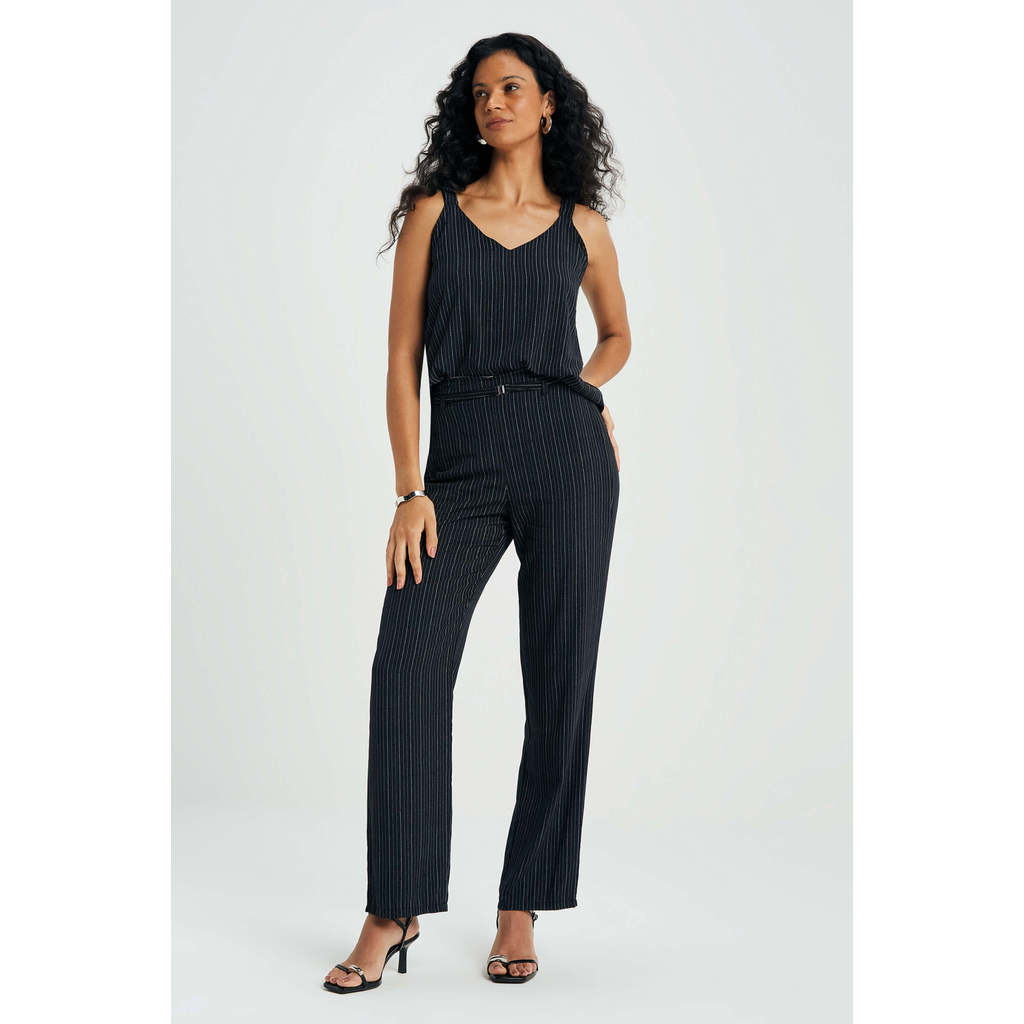 Calça Pantalona Feminina Listrada Marialícia Preto