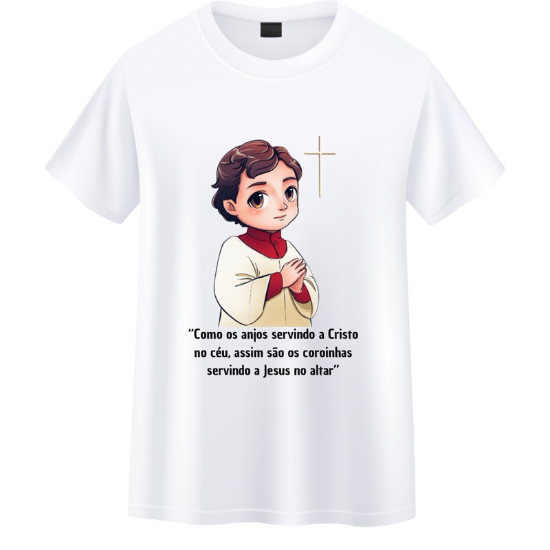Camiseta Unissex Branco Coroinha Frase São Tarcísio Como os Anjos Servindo a Cristo no Céu