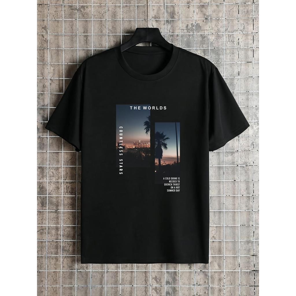T-shirt masculina "The Worlds" Los Angeles Sunset - T-shirt casual preta de algodão com design de palmeira, manga curta,