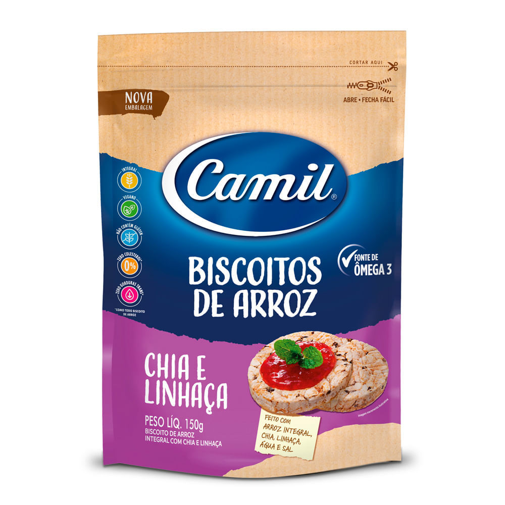 Biscoito de Arroz Integral Camil com Chia e Linhaça 150g em Oferta na Shopee