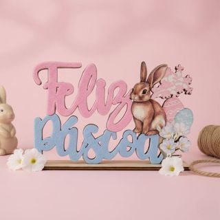 Display de Mesa em MDF de Páscoa - Coelho Flores "Feliz Páscoa" - Rosa e Azul - 18x12cm - 1 unidade - Rizzo em Oferta na Shopee